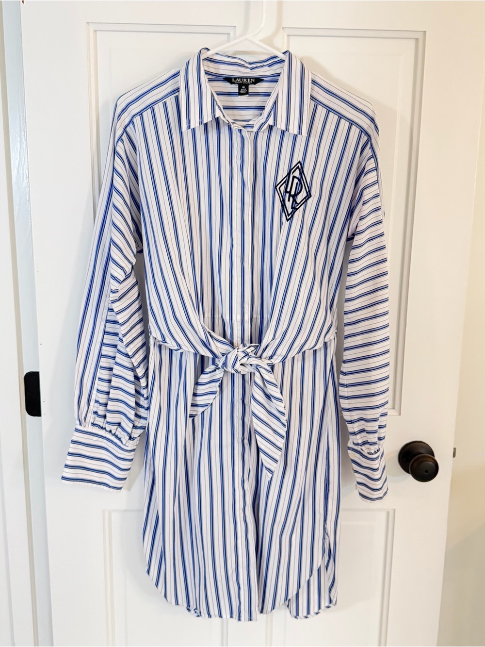 Lauren Ralph Lauren Cotton Striped Tie Front Monogram Shirt Dress Size 10